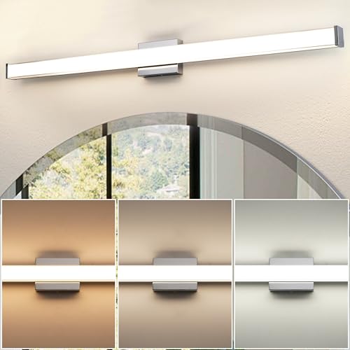 Modern LED Bathroom Vanity Light 48 inch 32W Dimmable 3CCT Bathroom Light Fixture Over Mirror Rectangle Bath Vanity Light Bar with Double Layer Acrylic Shade (Chrome) - color: Chrome, size: 48 inch