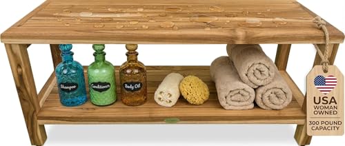EcoDecors Teak Shower Bench with Large Storage Shelf 36", 300 lb Capacity – Waterproof Bathroom Seat with Non-Slip Feet, Elegant Natural Teak Finish, Ideal for Adults, Seniors, & Spa-Style Bathrooms - color: Natural, size: 36 in Wide