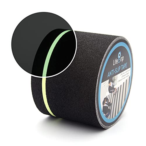 LifeGrip Anti Slip Traction Tape with Glow in the Dark Green Stripe, 4"x30' | Best Grip Tape, Friction, Abrasive Adhesive for Stairs, Tread Steps, Indoor and Outdoor, Waterproof, Visiable at Night - color: Black/Green, size: 4" X 30'