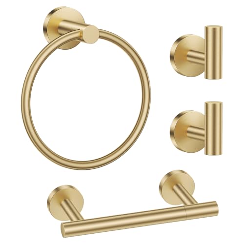 Brushed Gold Bathroom Hardware Set, Toilet Paper Holder, Towel Ring & Hooks | Lairuier Bathroom Accessories Include Stainless Steel Double Bases Toilet Paper Holder, Towel Ring, 2 Towel Hooks Wall Mount - color: Brushed Gold, size: Set B