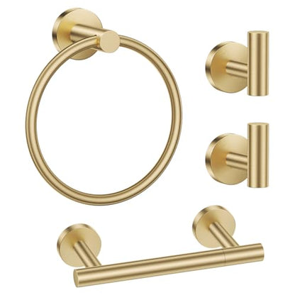 Brushed Gold Bathroom Hardware Set, Toilet Paper Holder, Towel Ring & Hooks | Lairuier Bathroom Accessories Include Stainless Steel Double Bases Toilet Paper Holder, Towel Ring, 2 Towel Hooks Wall Mount - color: Brushed Gold, size: Set B