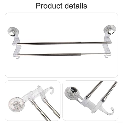 Adjustable Suction Cup Double Towel Bar Holder with 19-31 Inch Extendable Length, No Drilling Wall Mount for Shower Bathroom or Kitchen, Rack for Towels Washcloths and Accessories(Transparent)