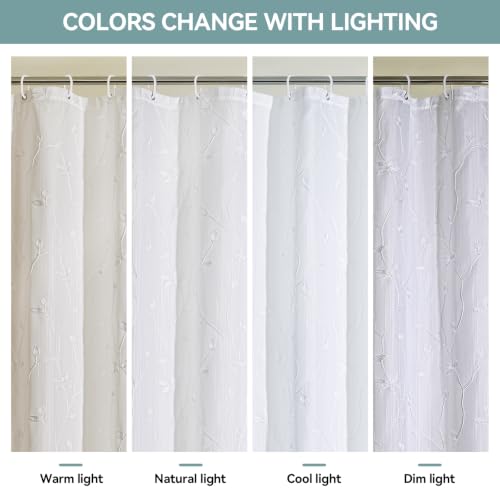 Embroidered Leaf Farmhouse Shower Curtain,Faux Linen,72Wx72L,White | Boho Modern Shower Curtain Set, Washable & Waterproof Fabric, Floral Shower Curtains for Bathroom with Hooks - color: White