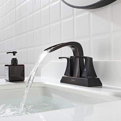 Waterfall Bathroom Sink Faucet 2 Handle Centerset, Oil Rubbed Bronze | 4 Inch Lead-Free Deck Mount Vanity Faucet with Pop Up Drain Supply Lines, for 3 Hole Lavatory Utility Sink - color: Oil Rubbed Bronze