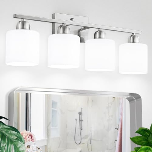 4 Light Bathroom Light Fixtures, Anti-Rust Finish Brushed Nickel Vanity Lights for Bathroom with Milky White Frosted Glass Shade for Mirror Bedroom Living Room E26 Base - color: Nickel & Milky White Glass, size: 4-Light