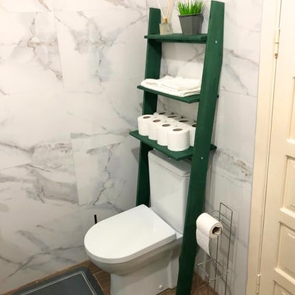 Over The Toilet Birch Wood Bathroom Organizer Shelves, 3-Tier Freestanding Above Toilet Storage Ladder Shelf, Standing Space Saver Behind Toilet Small Bathroom Organizer (Verde) - color: Verde