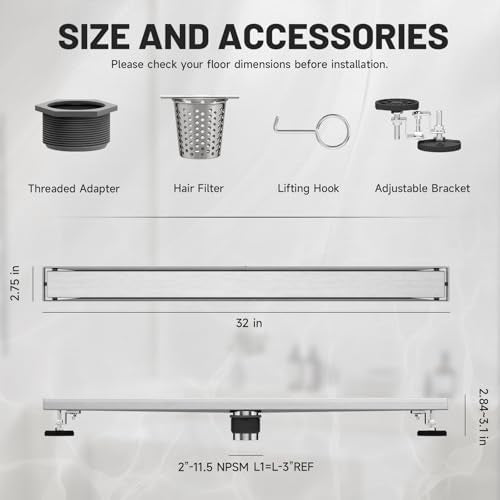 Brushed Nickel Linear Shower Drain,32 inch with Insert Grate | Stainless Steel,Fast Drainage Prevents Standing Water,Simple installation, Durable construction, and helps prevent pipe clogs - size: 32 Inch
