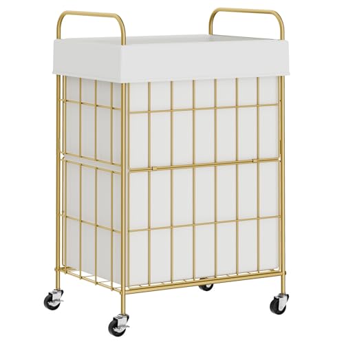 90L Laundry Hamper with Wheels, Laundry Basket with Handle and Liner Bag | Lockable Casters; Reinforced Frame; Breathable Fabric; Space-Efficient Design - color: Golden+White, size: 90L-1 Section
