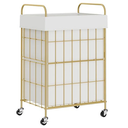 90L Laundry Hamper with Wheels, Laundry Basket with Handle and Liner Bag | Lockable Casters; Reinforced Frame; Breathable Fabric; Space-Efficient Design - color: Golden+White, size: 90L-1 Section