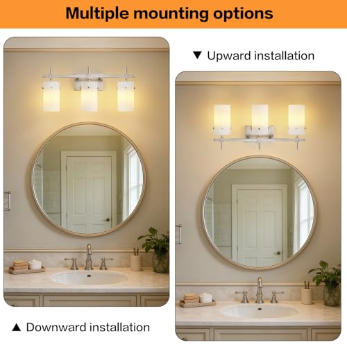 SOLFART Brushed Nickel Bathroom Light Fixtures, 3-Light Modern Vanity Light Over Mirror, Wall Sconces with Milky White Frosted Glass Shades, E26 Socket (Bulbs Not Included) - color: Brushed Nickel-Milky Globe, size: 3 Lights