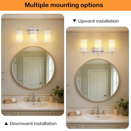 SOLFART Brushed Nickel Bathroom Light Fixtures, 3-Light Modern Vanity Light Over Mirror, Wall Sconces with Milky White Frosted Glass Shades, E26 Socket (Bulbs Not Included) - color: Brushed Nickel-Milky Globe, size: 3 Lights