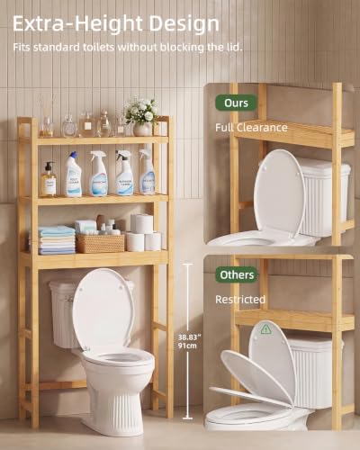 SMIBUY Bathroom Storage Shelf, Bamboo Over-The-Toilet Organizer Rack, Freestanding Toilet Space Saver with 3-Tier Adjustable Shelves (Natural) - color: Natural