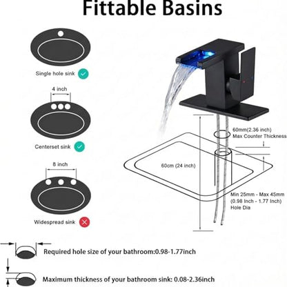 AVSIILE LED Bathroom Sink Faucet, Matte Black Waterfall Single Hole Handle Vanity Faucets for Sinks 1 Hole with Metal Pop Up Drain and 2 Water Supply Lines, Side Handle - color: Matte Black