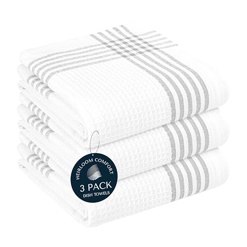 Grey and White Cotton Kitchen Towels 3 Pack, 16x26 Inch, Waffle Weave, Quick Dry, Absorbent, Durable Dish Towels for Drying, Cleaning, Cooking, Daily Kitchen Use - color: Light Grey, style: 3 Pack