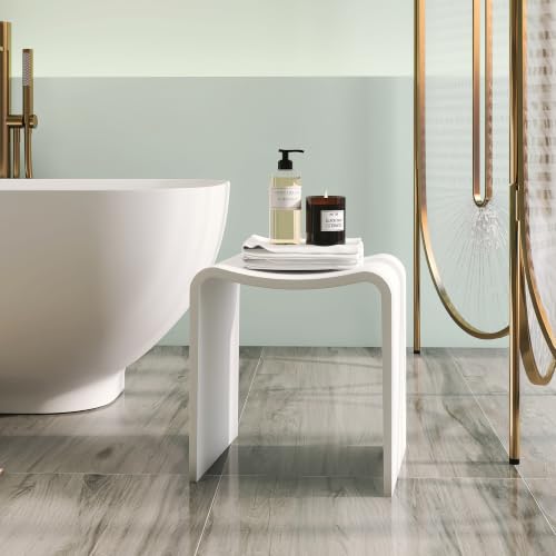 Matte White Shower Bench, Modern Solid Surface Bathroom Stool | Heavy-Duty Waterproof Chair Seat for Inside Showers and Outdoor Use, 400 lbs Capacity - Non-slip - color: White Curved