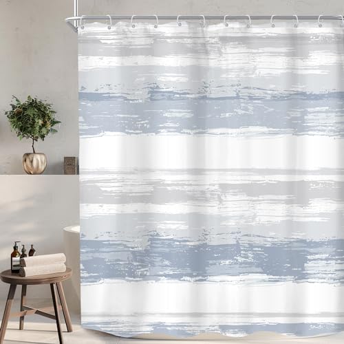 Abstract Blue Modern Gray White Striped Neutral Bathroom Shower Curtain Set | 60Wx72H Geometric Watercolor design, waterproof HD print with fast-drying fabric and 12 hooks. - color: A1-blue Grey, size: 60"W x 72"L (Pack of 1)
