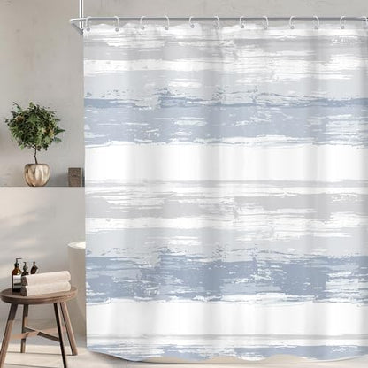 Abstract Blue Modern Gray White Striped Neutral Bathroom Shower Curtain Set | 60Wx72H Geometric Watercolor design, waterproof HD print with fast-drying fabric and 12 hooks. - color: A1-blue Grey, size: 60"W x 72"L (Pack of 1)