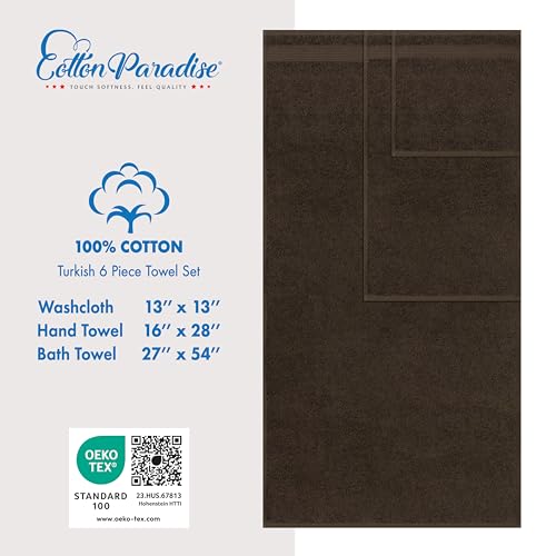 Cotton Paradise 100% Cotton Turkish Towel Set, Soft Absorbent Quick Dry, 6 Piece Towel Set, Chocolate Brown - color: Chocolate Brown, size: (27"x54") +( 16"x28") + (13"x13")