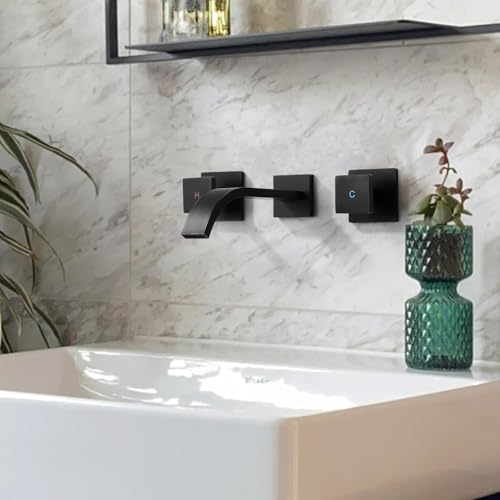 ALEASHA Wall-Mounted Bathroom Sink Faucet, Matte Black Bathroom Faucet | Waterfall Bathroom Faucet with Two Handles, Brass Bathroom Sink Faucet, Wall-Mounted Washroom Faucets and Rough-in Valve - color: Matte Black