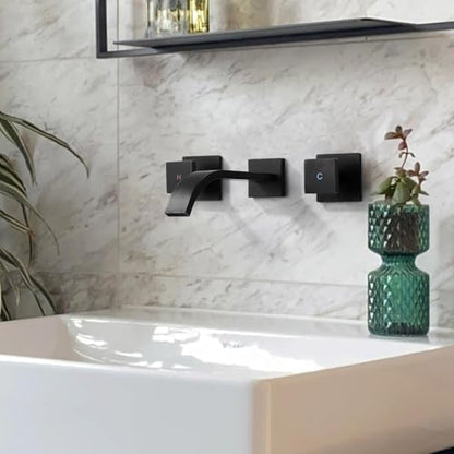 ALEASHA Wall-Mounted Bathroom Sink Faucet, Matte Black Bathroom Faucet | Waterfall Bathroom Faucet with Two Handles, Brass Bathroom Sink Faucet, Wall-Mounted Washroom Faucets and Rough-in Valve - color: Matte Black