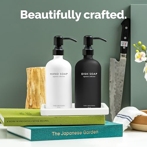 Vine Creations Glass Soap Dispenser Set, Kitchen Soap Dispenser Set with Ceramic Tray, 16 oz Dish Soap and Hand Soap Dispensers with Stainless Steel Pump Decor (White and Black Bottles/Matte Black) - color: Black and White Bottle / Matte Black Pump
