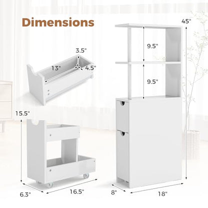 Tangkula Slim Bathroom Storage Cabinet, Small Corner Floor Cabinet with Open Shelves, Slide-Out Drawers, Bathroom Organizer, Narrow Toilet Paper Holder for Restroom, Living Room, Small Spaces, White