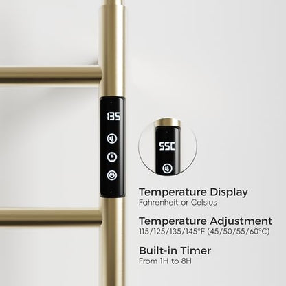 Towel Warmer, Stainless Steel Heated Towel Racks for Bathroom, 6 Bars Wall Mounted Towel Heater with Intelligent Touch Screen Timer & Temperature Adjustment, Plug-in/Hard-Wired, Brushed Gold - color: Brushed Gold, size: 6-Bar