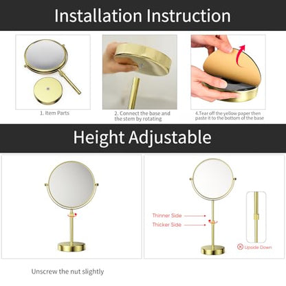 Nicesail 8" Face 10X Tabletop Vanity Mirror, Shiny Gold, Height Adjustable | 15-19" Tall Table Mirror, 1X 10X Magnifying Mirror Double Sided for Makeup &Shaving, Desk Vanity Mirror 360 Rotation Bathroom