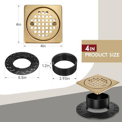 4" Shower Drain Grate Kit, Fits Schluter Kerdi | Champagne Bronze, Square Floor Drain SS304 Stainless Steel Removable Drain Cover with Adjustable Collar, ABS Flange