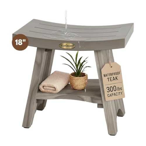 EcoDecors Serenity Teak Wood Shower Bench with Shelf 18 Inch Lunar Gray Finish Solid Teak Bathroom Seat Storage Non Slip Adjustable Feet Slatted Drainage Design for Shower Spa Sauna Indoor Outdoor Use