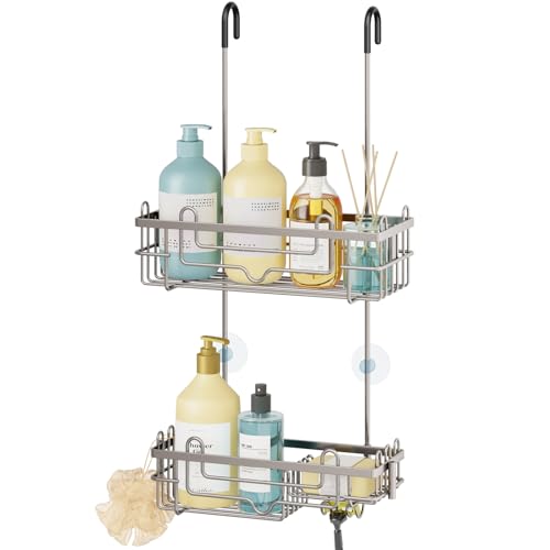 Consumest Over the Door Shower Caddy - 2-Tier Hanging Shower Organizer with Soap Holder, Rustproof Bathroom Storage and Organizer Rack for Shampoo, Towels, and Toiletries, Sand Nickel
