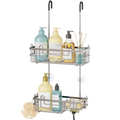 Consumest Over the Door Shower Caddy - 2-Tier Hanging Shower Organizer with Soap Holder, Rustproof Bathroom Storage and Organizer Rack for Shampoo, Towels, and Toiletries, Sand Nickel