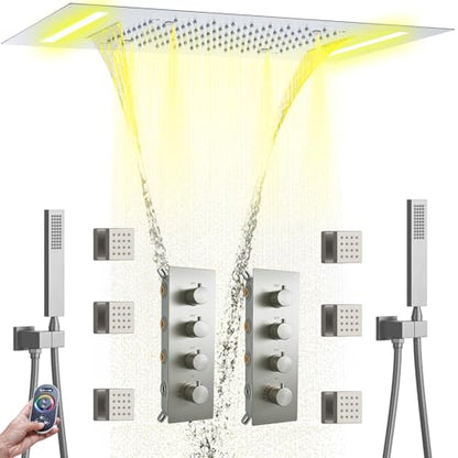 AYIVG Thermostatic Full Body Rainfall Shower System Dual 3 Way Diverter Valve 6 Function Ceiling Mount 14x20" ShowerHeads With 6 Jets 2 Handheld Shower Set (Brushed Nickel) - color: Brushed Nickel