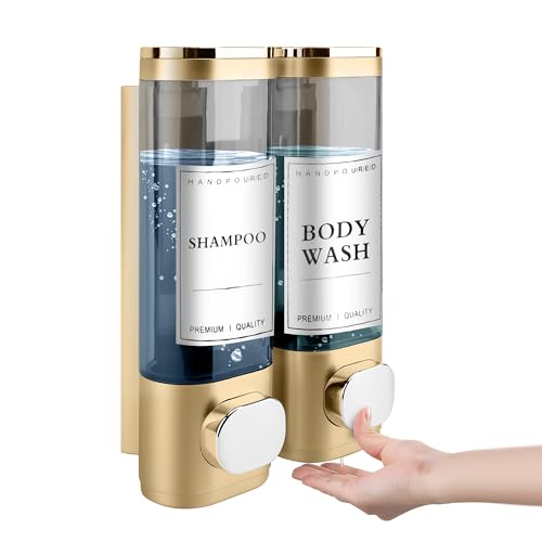 Shampoo and Conditioner Dispenser, 2 Chamber 300ml, Wall Mounted, Gold | Shower Soap Dispenser, Refillable Hand Soap Dispensers, Body Wash Dispenser for Bathroom, Kitchen, Hotel, Home - color: Gold, size: 2 Chamber