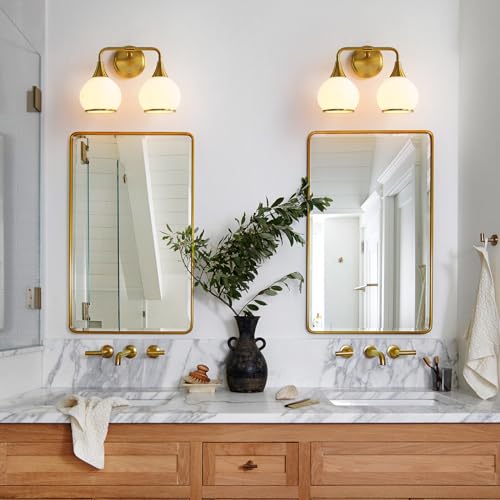 Brushed Gold Bathroom Light Fixtures 2-Lights Vanity Lights with Milky White Frosted Glass Shade Bathroom Vanity Light 14 inch Wall Sconce Lighting Bath(Exclude E26 Bulb) - color: Gold & Milky White, size: 2 Light