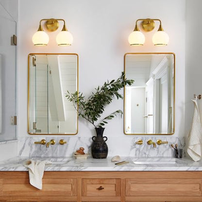 Brushed Gold Bathroom Light Fixtures 2-Lights Vanity Lights with Milky White Frosted Glass Shade Bathroom Vanity Light 14 inch Wall Sconce Lighting Bath(Exclude E26 Bulb) - color: Gold & Milky White, size: 2 Light