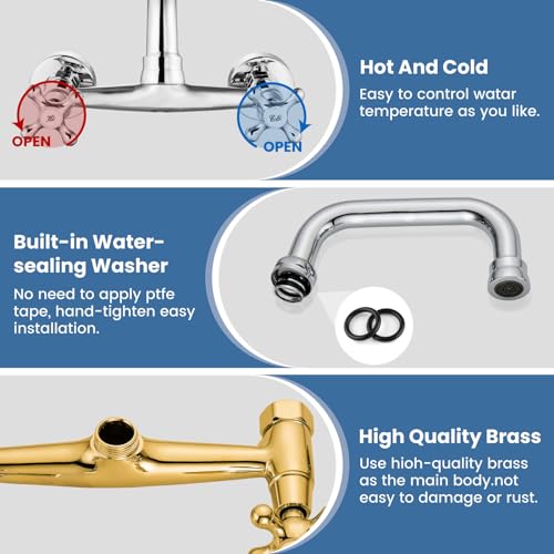 Airuida 8 Inch Center Chrome Polish Wall Mount Kitchen Sink Faucet | Double Cross Handle,Adjustable Center,6 Inch(15cm) Spout - color: Chrome Polish