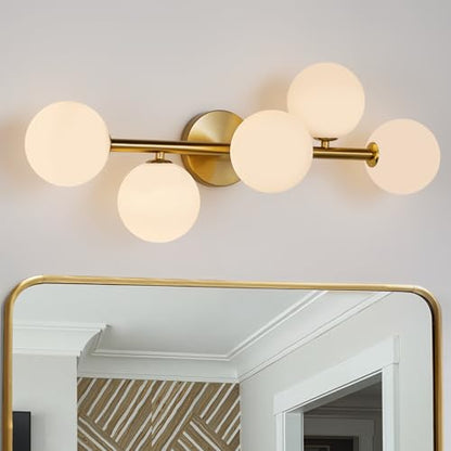 Modern Bathroom Vanity Light Fixtures,LED Brushed Gold Wall Sconce Lighting | 5 Lights Milk Glass Globe Vanity Light,Brushed Gold Bathroom Vanity Light,Dimmable Brass Mid Century Wall Sconces over Mirror - color: Gold Milk Glass, size: Integrated LED