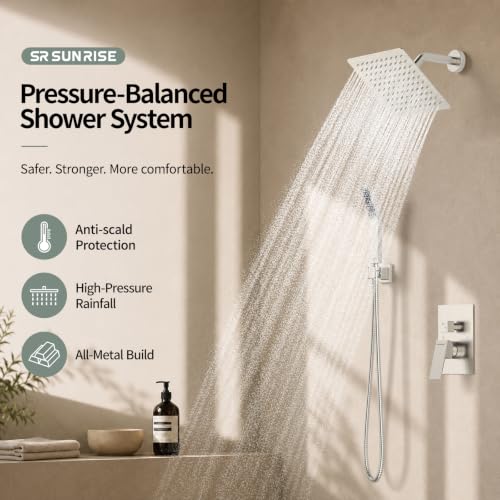 SR SUN RISE Shower Faucet Set - Shower Valve with 8 Inch Rainfall Shower Head and Handheld Shower - Wall Mounted Shower System with Rough In Valve and Shower Faucet Trim Repair Kits - Brushed Nickel - color: Brushed Nickel, size: 8 Inch