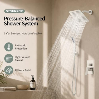 SR SUN RISE Shower Faucet Set - Shower Valve with 8 Inch Rainfall Shower Head and Handheld Shower - Wall Mounted Shower System with Rough In Valve and Shower Faucet Trim Repair Kits - Brushed Nickel - color: Brushed Nickel, size: 8 Inch
