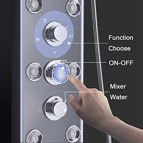 FUZ Contemporary Shower Panel Tower System Stainless Steel 6-Function Faucet LED Rainfall Waterfall Shower Head + Handheld Sprayer + Rain Massage Body Jets + Tub Spout, Black. - color: Black, style: 8009-B