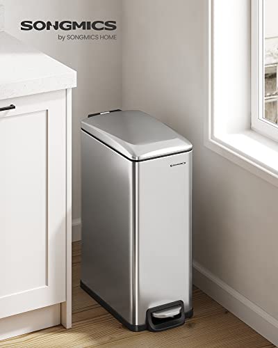 SONGMICS Slim Trash Can, 13-Gallon (50 L) Garbage Can for Narrow Spaces with Soft-Close Lid, Inner Bucket, and Step-on Pedal, Stainless Steel, 15 Trash Bags Included, Silver ULTB510E48 - color: Silver, style: 13 Gal.