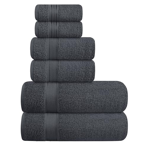 Ultra Soft 6 Pack Cotton Towel Set, Contains 2 Bath Towels 28x55 inch, 2 Hand Towels 16x24 inch & 2 Wash Coths 12x12 inch, Ideal Everyday use, Compact & Lightweight - Charcoal Grey - color: Charcoal