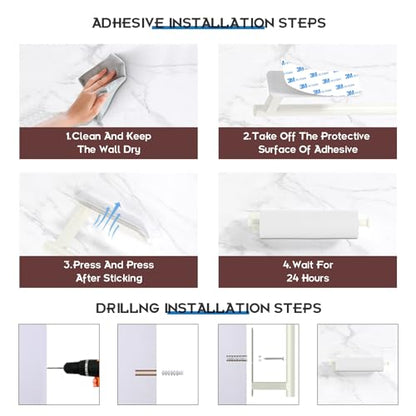 Paper Towel Holder Under Cabinet No Drilling, Self Adhesive Paper Towel Holder Wall Mount for Kitchen Rack, Under Counter Napin Holder No Drill, RV, 304 Stainless Steel, White - color: White