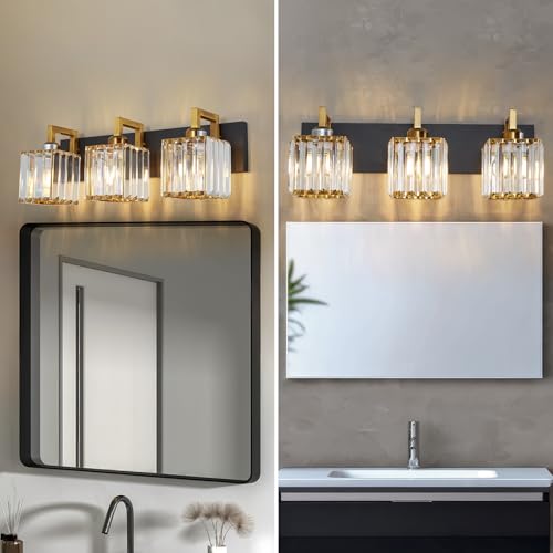 Modern Bathroom Vanity Light 3-Lights Black Gold Crystal Wall Lamp Bathroom Modern Crystal Vanity Lighting - color: Black+Gold Crooked, size: 3-light