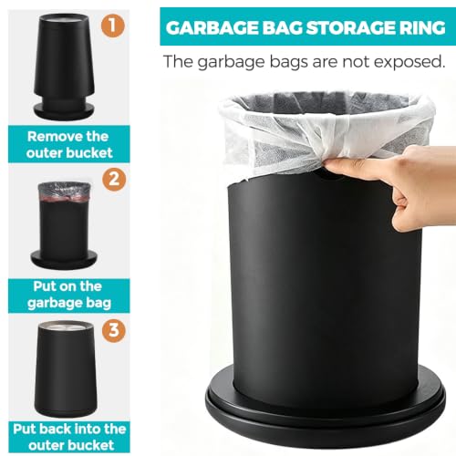 2.1 gallon/8L Black Trash Can,Waste Basket with Swing Cover,Metal,Stainless Steel,Large Capacity Garbage Can,for Bathroom,Living Room,Bedroom,Office,Hotel,Cafe - color: 32A black-8L