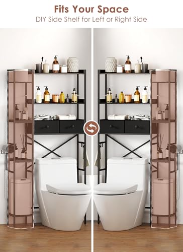 Over The Toilet Storage with 2 Drawers - 7 Tier Bathroom Organizer with Adjustable Shelf, Freestanding Space Saver Storage Rack Above Toilet Stand with Hooks for Small Restroom, Laundry(Black) - size: 7 Tier-Black