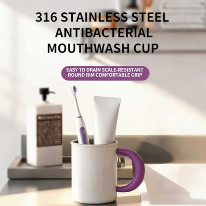 Bathroom 10oz Mouthwash Cup, 316 Stainless Steel Inner with Handle (Pink) | 1. 316 Stainless Steel 2. Comfort Grip Handle 3. Smooth Easy Clean 4. Sturdy & Durable 5. Multi-use Cup - color: Pink