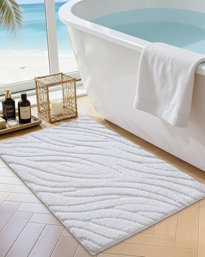 DEXI Bathroom Rugs 30x17, Extra Soft Absorbent Bath Mat, Non Slip Bathmat for Bathroom Floor, Machine Washable Rugs for Shower Floor, White - color: White-wave, size: 30" X 17" (Rectangular)