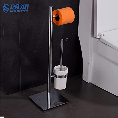 Freestanding Toilet Brush and Paper Holder Set Superior Hotel Luxury Style Join Roll Paper and Toilet Brush Non-Skid Sturdy Floor Stand Brass Chrome with White Ceramic Cup - color: Brass Toilet Brush and Roll Paper Holder Set